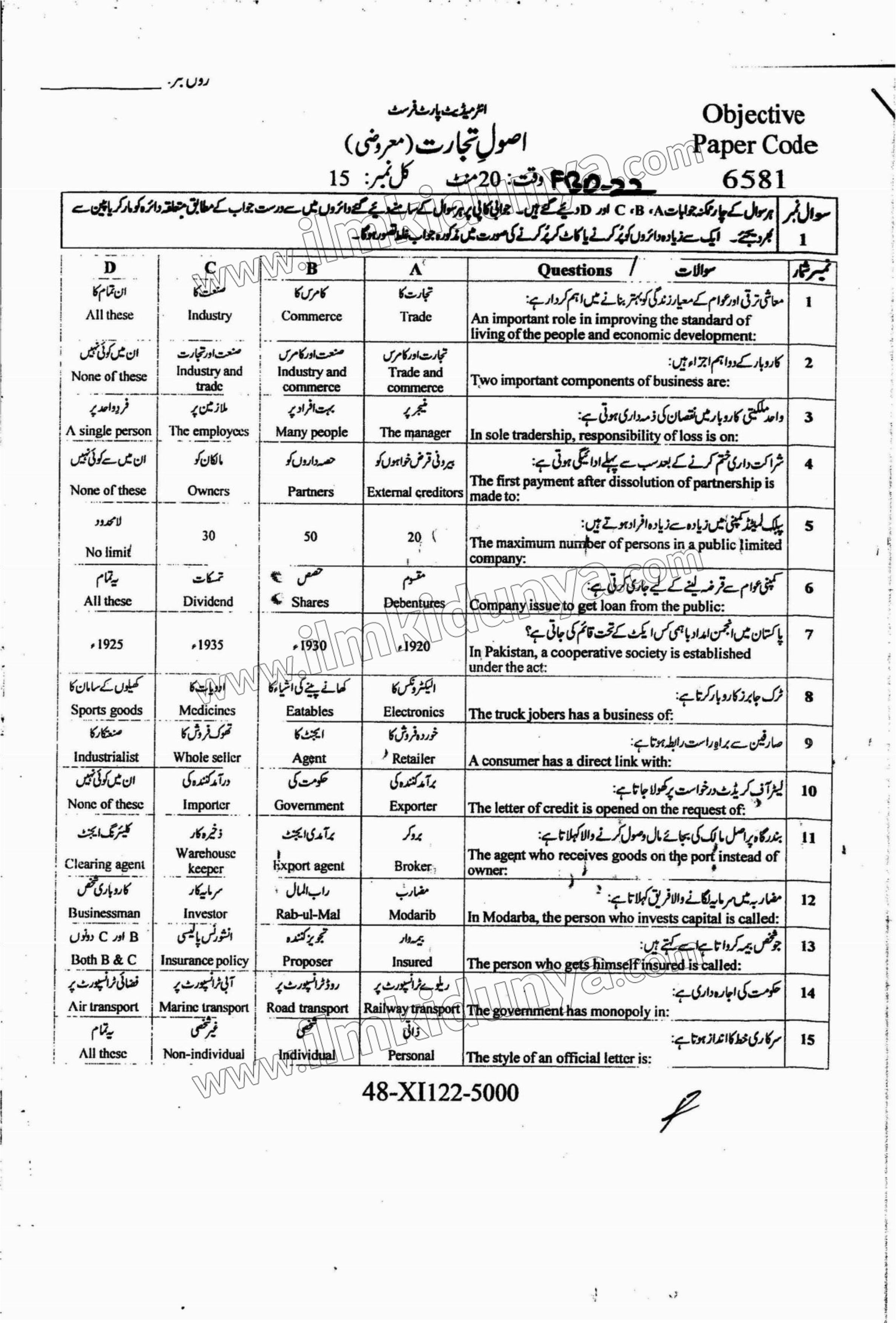 Principle Of Commerce Past Paper 2022 - BISE Faisalabad 11th Class (1st Year) (Objective)