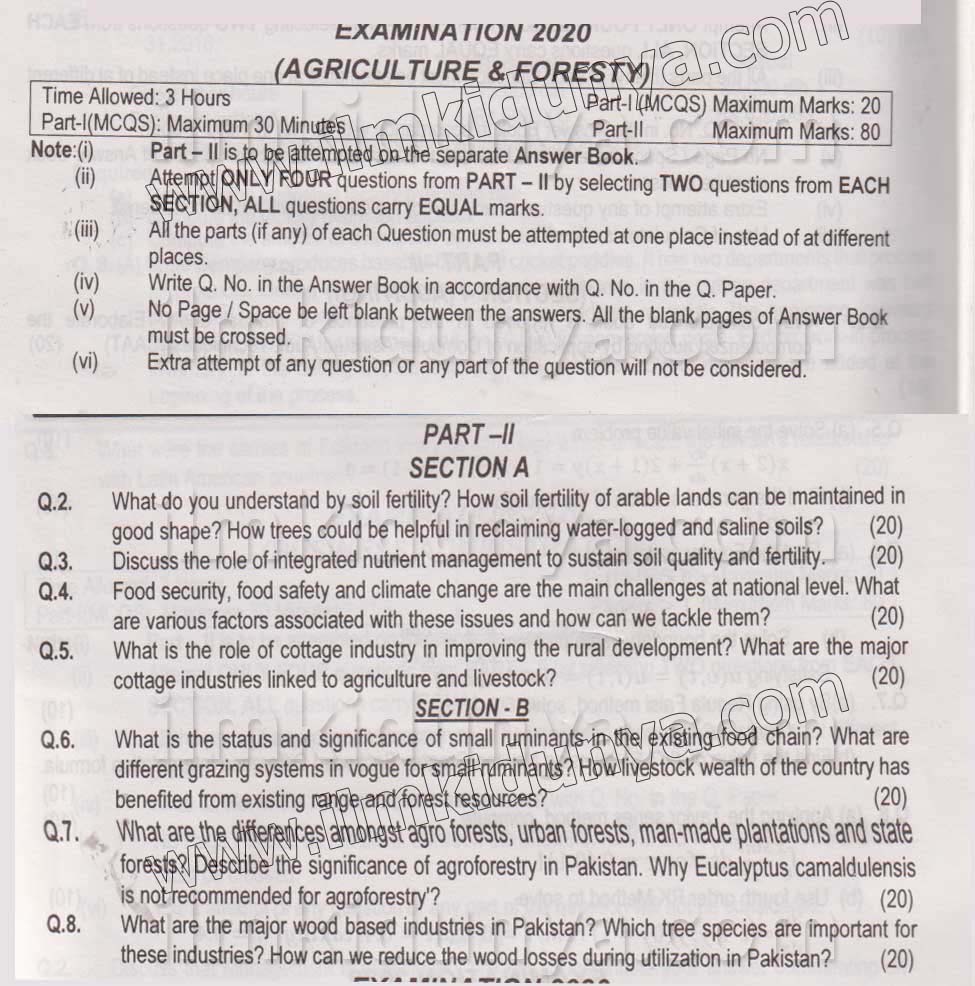 Agriculture & Forestry Past Paper 2020 - CSS (FPSC) (Subjective)