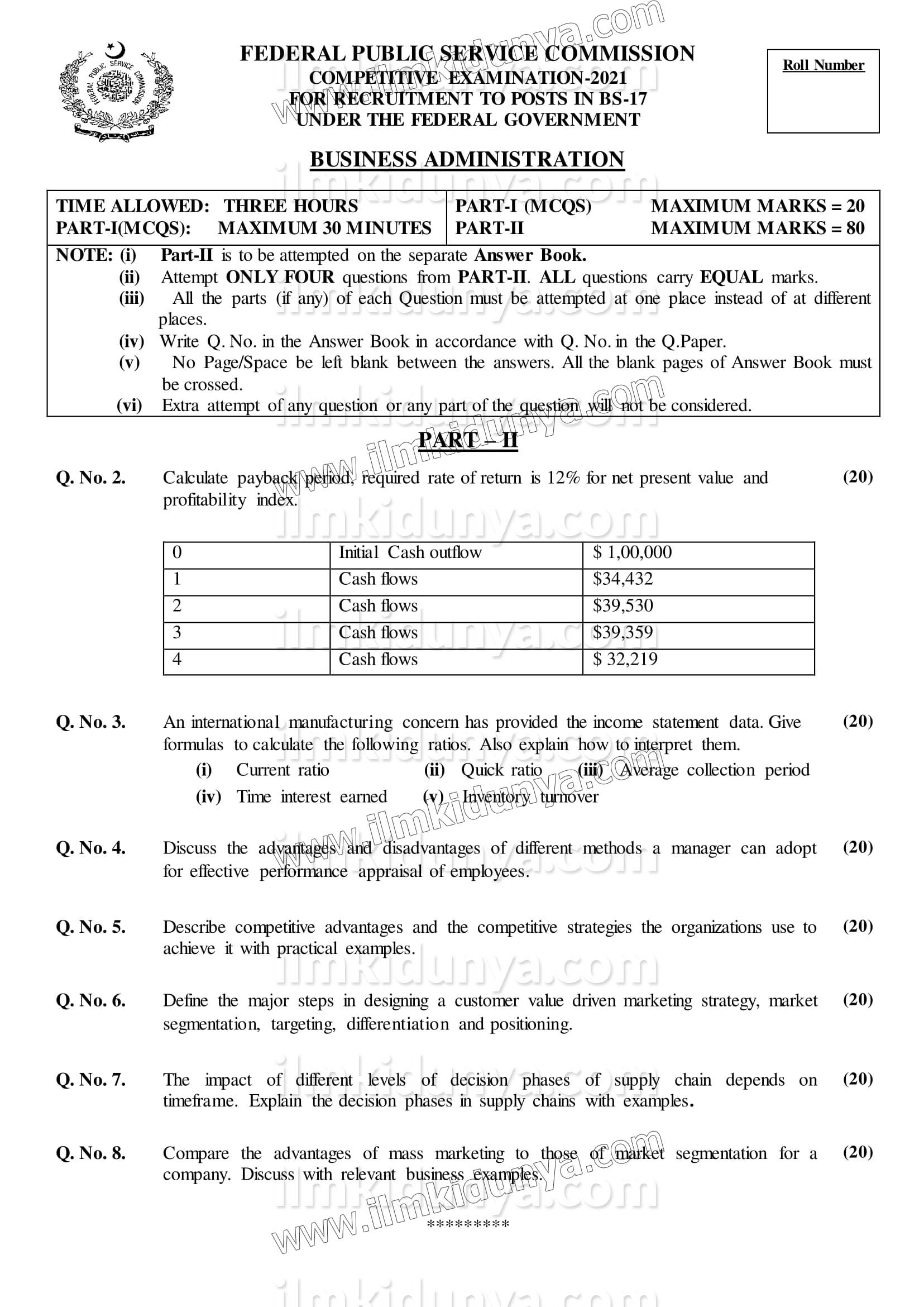 Business Administration Past Paper 2021 - CSS (FPSC) (Subjective)