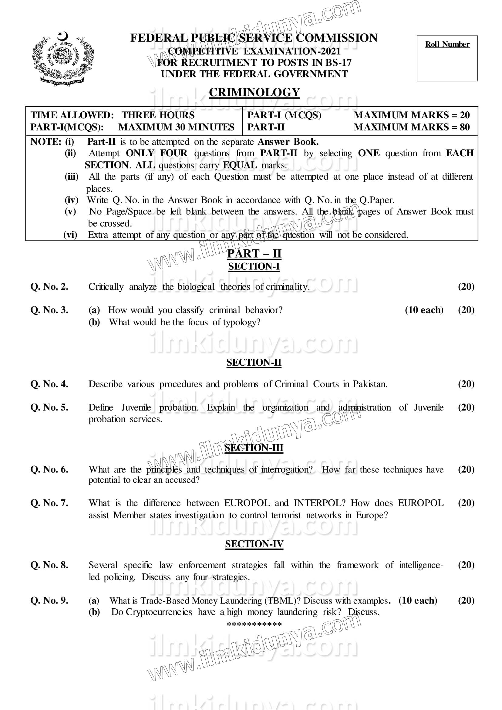 Criminology Past Paper 2021 - CSS (FPSC) (Subjective)