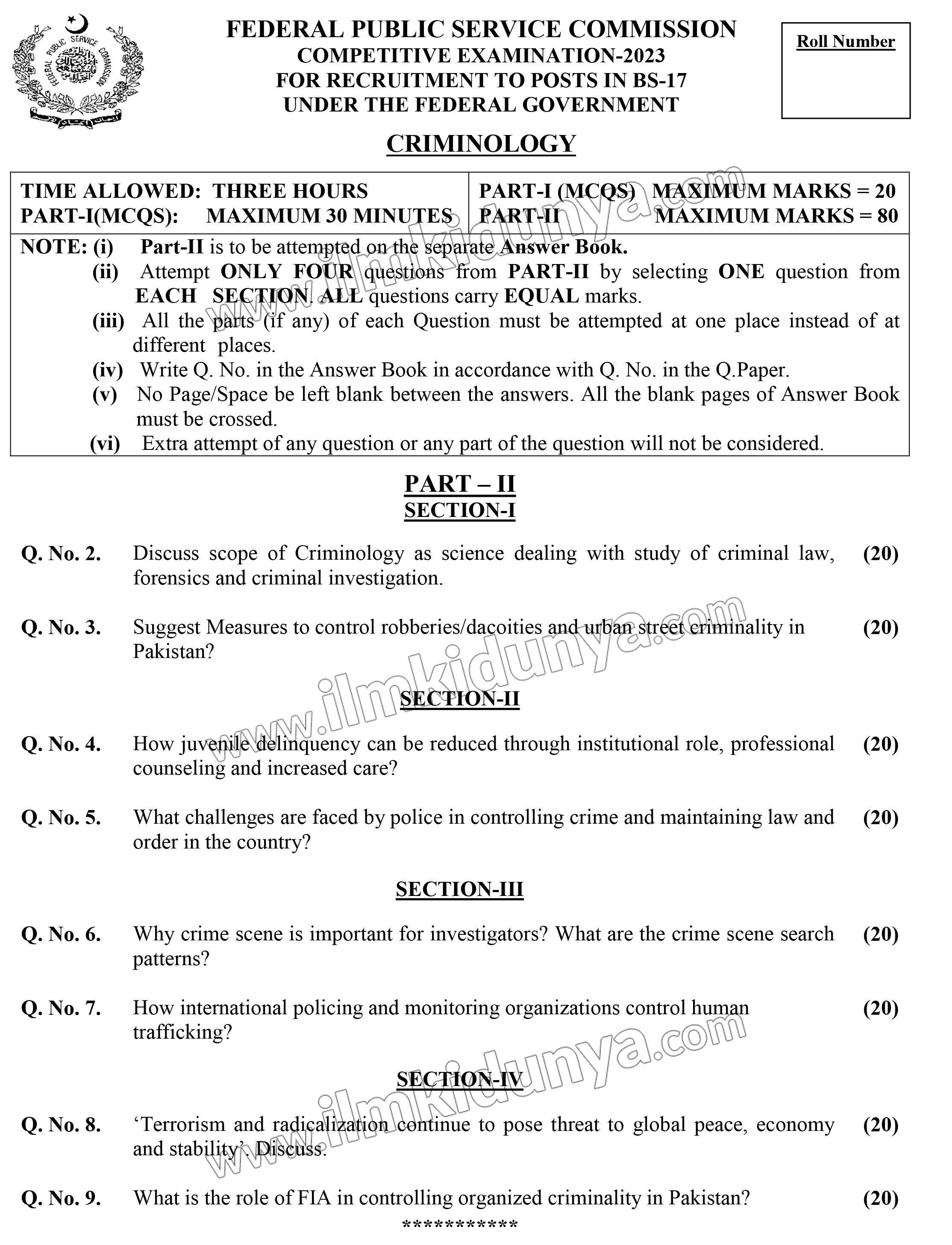 Criminology Past Paper 2023 - CSS (FPSC) (Subjective)
