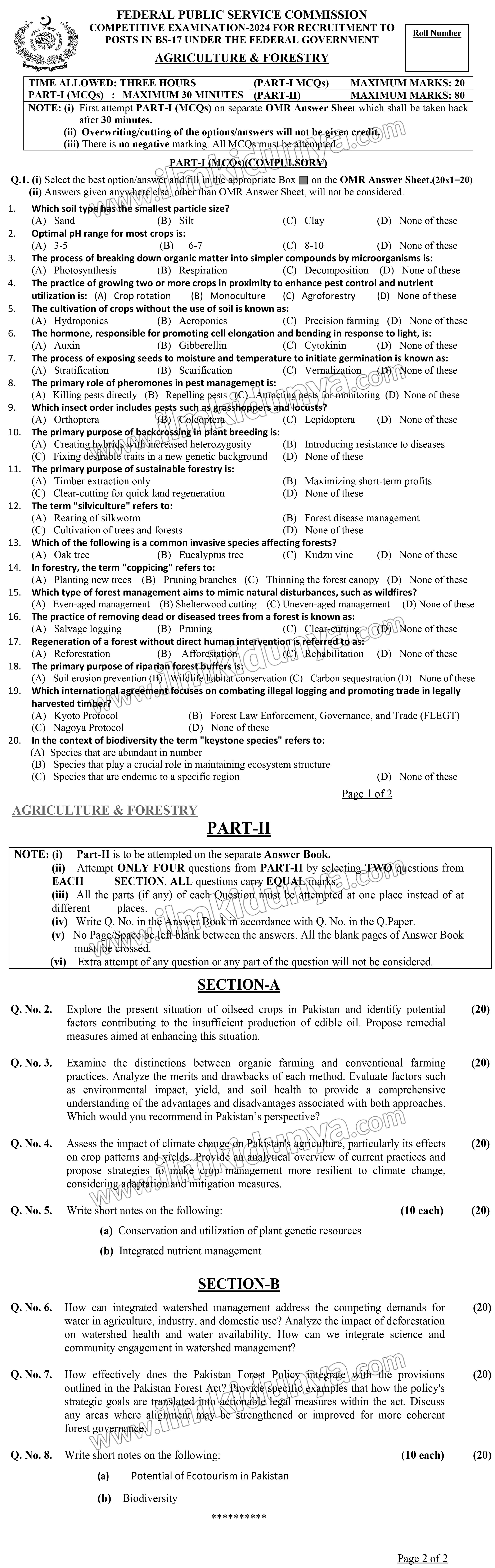Agriculture & Forestry Past Paper 2024 - CSS (FPSC)