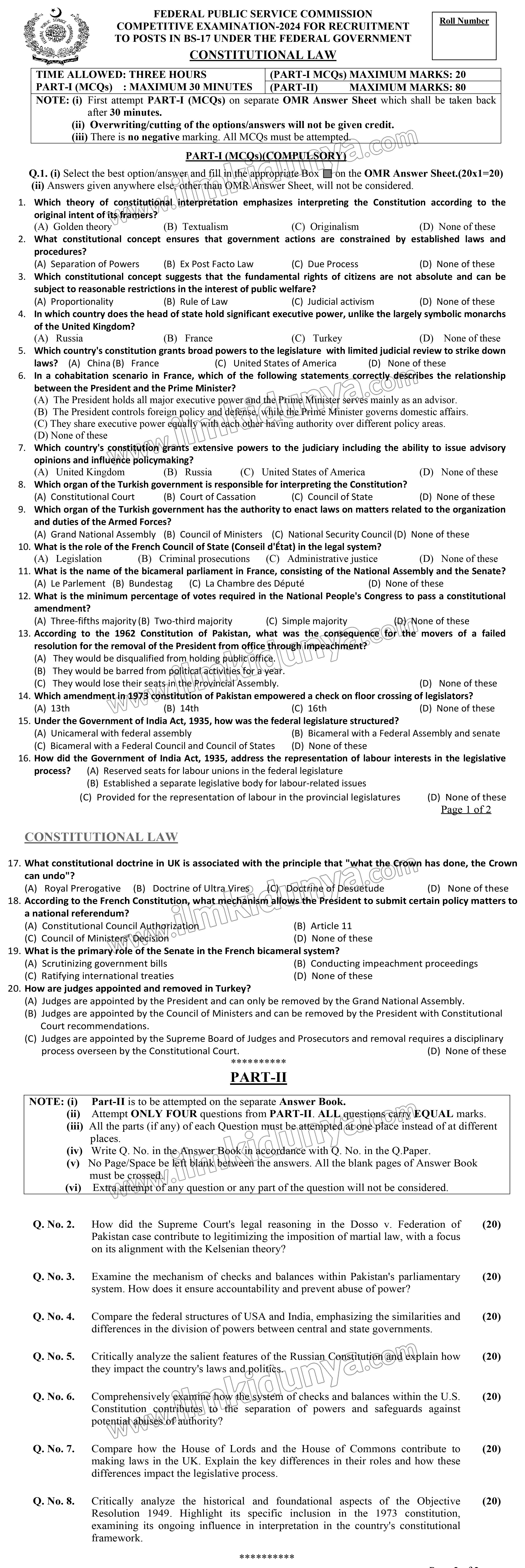Constitutional Law Past Paper 2024 - CSS (FPSC) (Subjective)