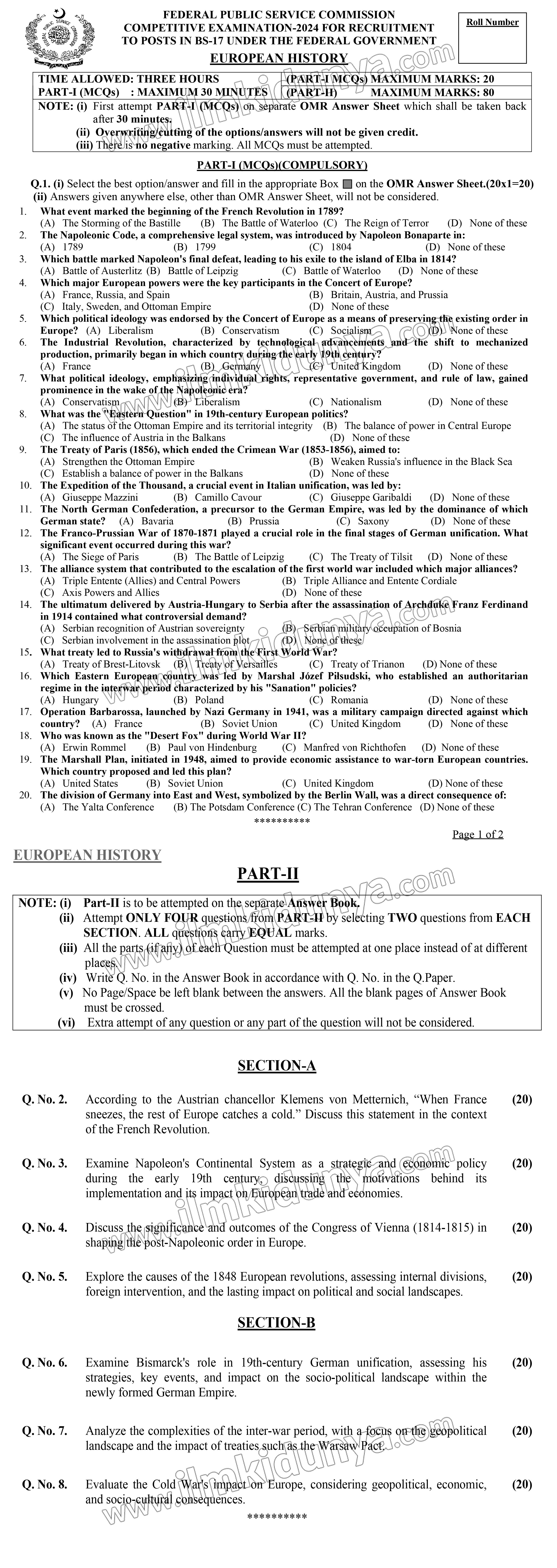 European History Past Paper 2024 - CSS (FPSC)