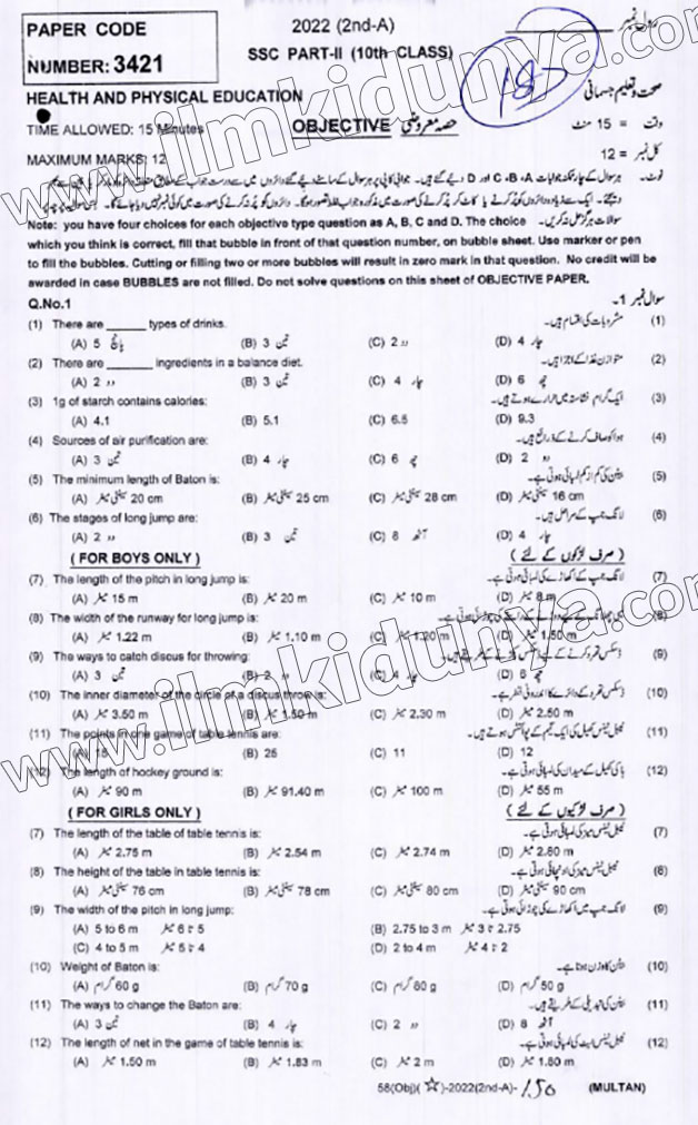 Class Health and Physical Education Past Paper 2022 - BISE Multan 10th Class (Group II, Objective)